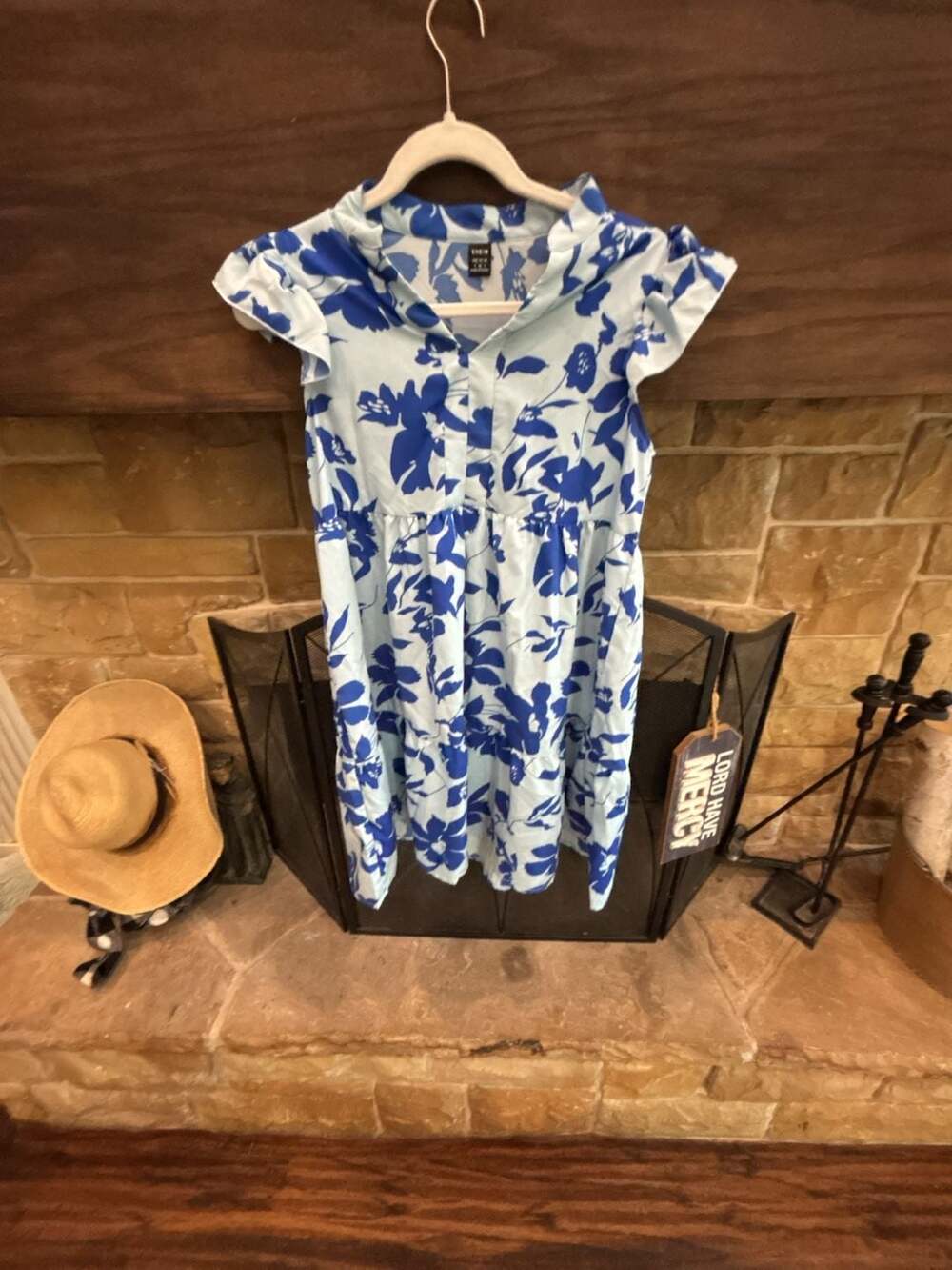 SHEIN Blue Floral Print Flutter Sleeve Tiered Mini Dress